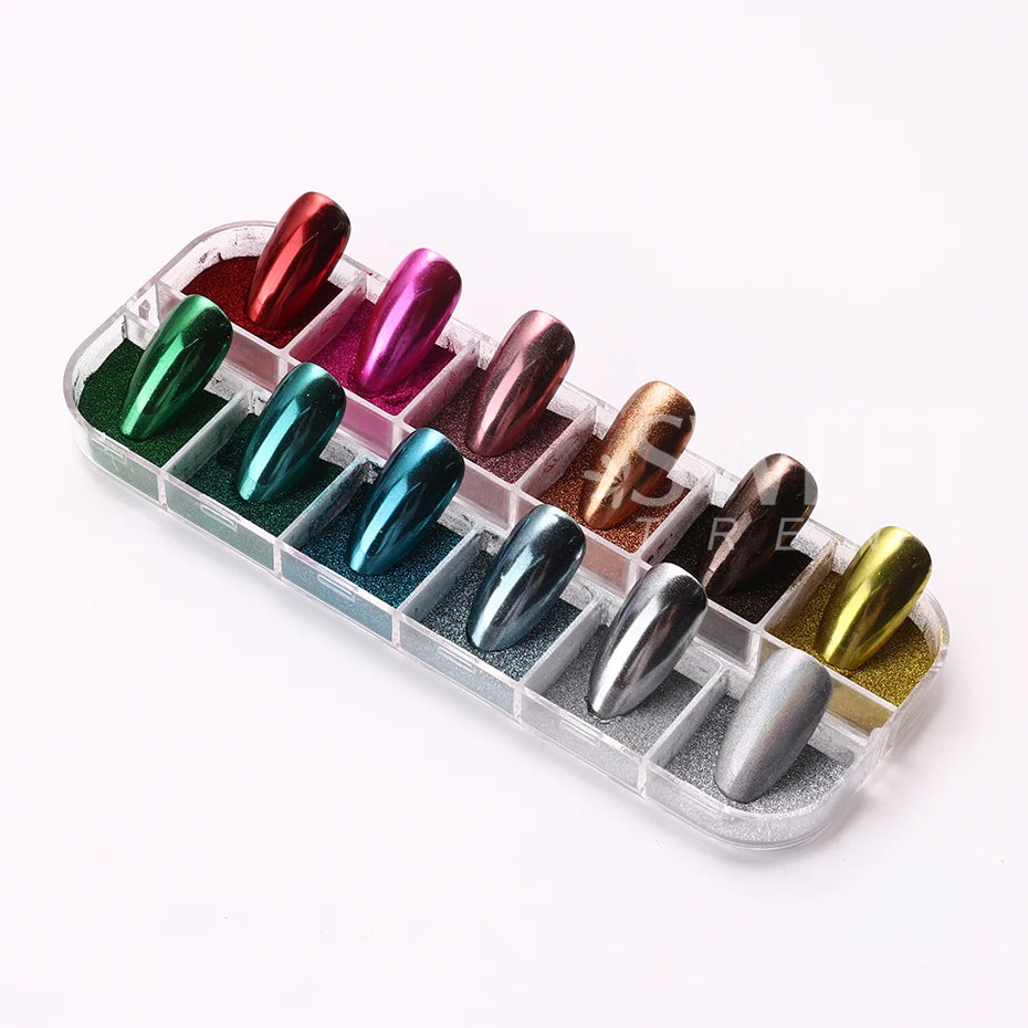 12Colors Nail Glitter Aurora Mirror Powder Chrome Dust Pigment Paint Dip Metallic Shiny With Magic Effect Dust Manicure Design