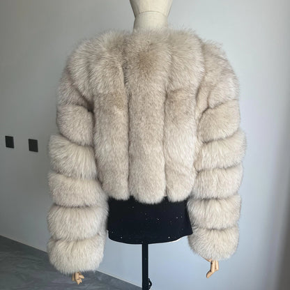 Fur Coat Real Fox Fur Women`S Coat Fashion V-neck Full Sleeve Short Autumn-Winter Luxury Women`S Leather Jacket