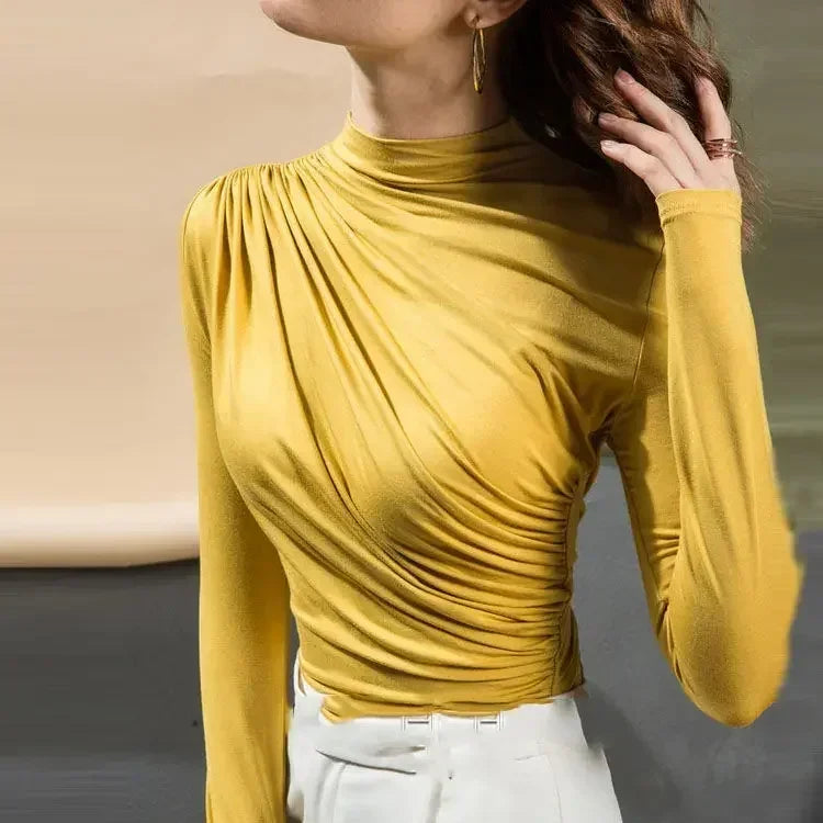Blouse Women Pleating Long Sleeve Shirts Women's Fall Slim Fit Turtleneck Top Blusas Ropa De Mujer