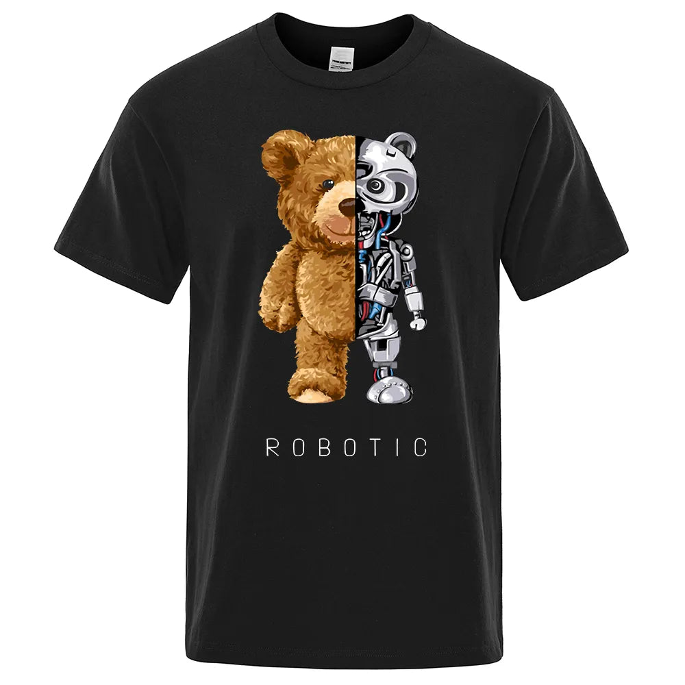 Funny Teddy Bear Robot Tshirt Robotic Bear Men Short Sleeve Fashion Casual Clothing Summer Cotton Tees Oversized Street T-Shirts