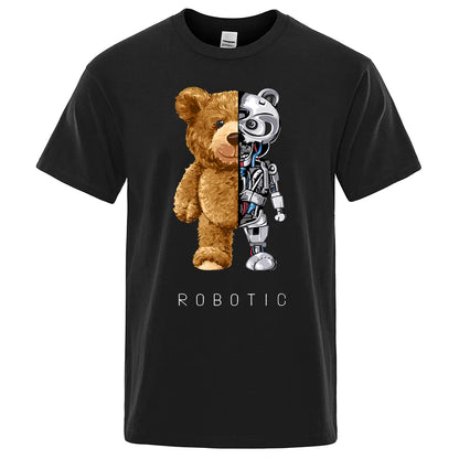 Funny Teddy Bear Robot Tshirt Robotic Bear Men Short Sleeve Fashion Casual Clothing Summer Cotton Tees Oversized Street T-Shirts