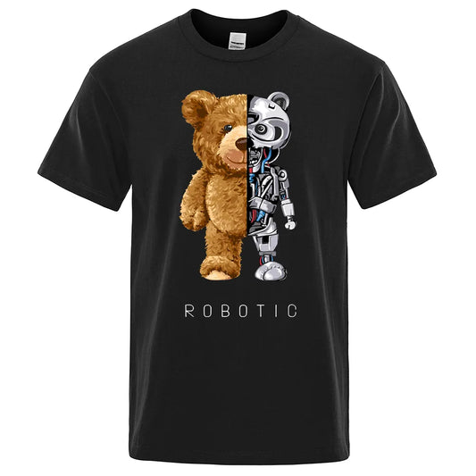 Funny Teddy Bear Robot Tshirt Robotic Bear Men Short Sleeve Fashion Casual Clothing Summer Cotton Tees Oversized Street T-Shirts
