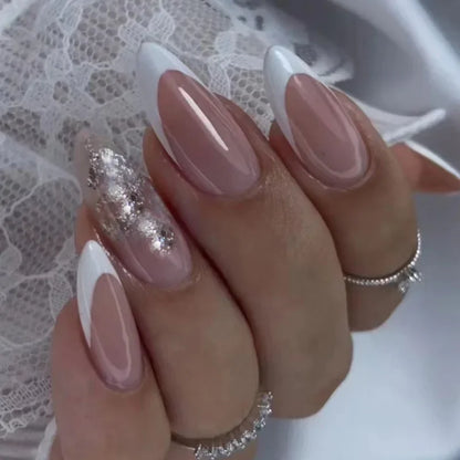24Pcs French Gold Edge Wearable Almond Press on Fake Nails Simple Pearl Decoration False Nails with Glue Full Over Manicure Tips