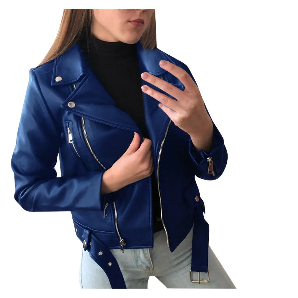 2023 New 4 Color Women Spring Autumn Black Faux Leather Jackets Zipper Basic Coat Turn-down Collar Motor Biker Jacket With Belt