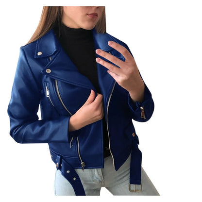 2023 New 4 Color Women Spring Autumn Black Faux Leather Jackets Zipper Basic Coat Turn-down Collar Motor Biker Jacket With Belt