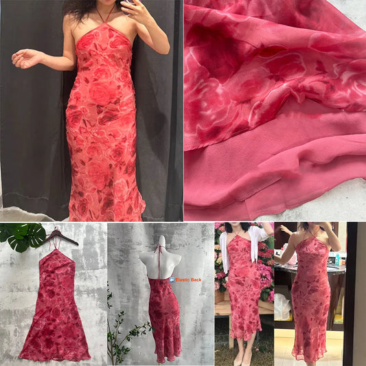 Women 100% Silk Vintage Style Rose Printed Halterneck Backless Suspender Dress