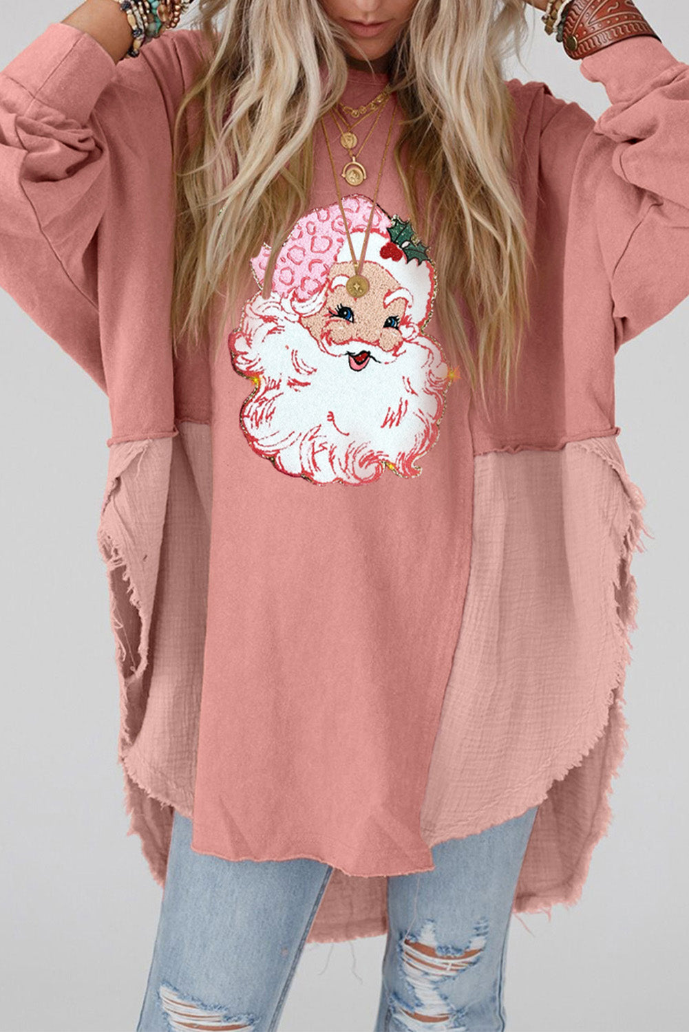 Santa Graphic Exposed Seams Round Neck Blouse