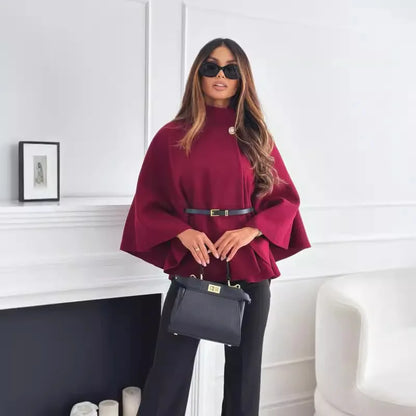 Autumn Winter Women Single Buckle Batwing Sleeve Coat Elegant Lady Cloak Cape Woollen Tweed Poncho Thick Warm Loose Outwear