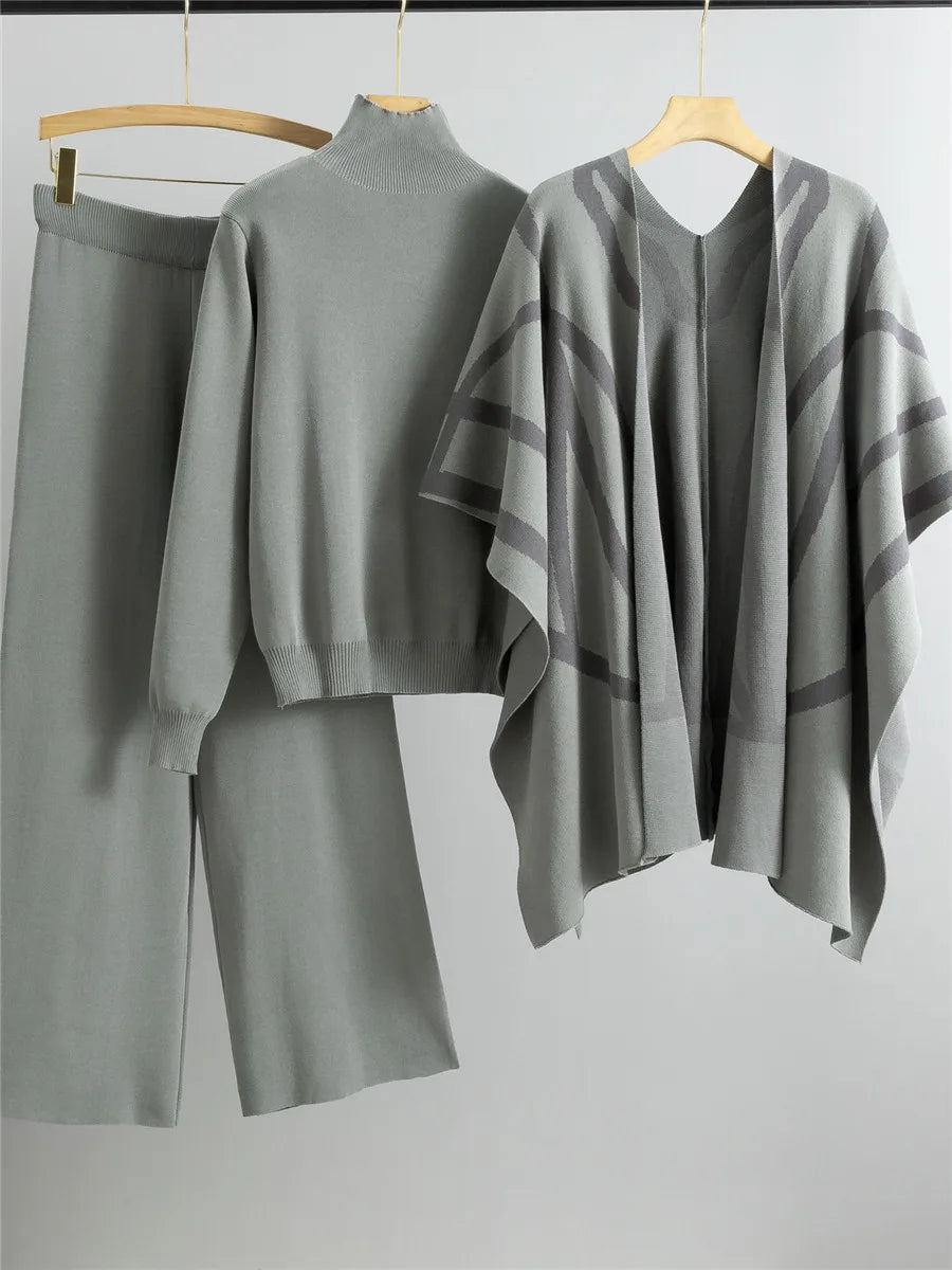 Elegant Chic Knitted 3 Piece Sets Women Solid Turtleneck Sweater Knitwears Shawl Suits Casual High Waist Sweatpants Setleri New