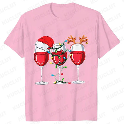 Christmas Wine T Shirts for Women Clothing Funny Cartoon T-shirts Kawaii Fashion Tshirt Korean Female Tops Christmas Wine Tees
