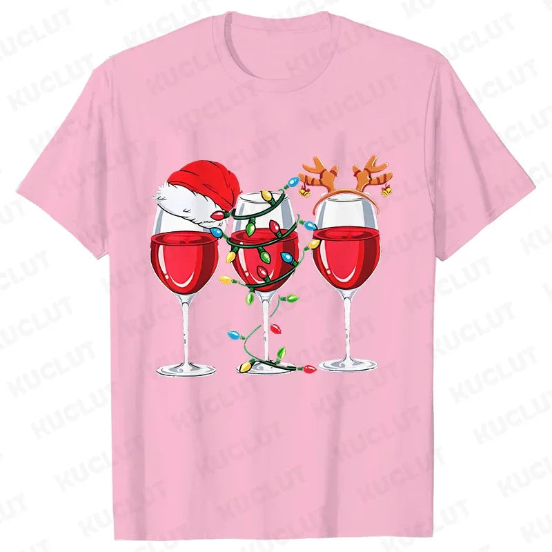 Christmas Wine T Shirts for Women Clothing Funny Cartoon T-shirts Kawaii Fashion Tshirt Korean Female Tops Christmas Wine Tees