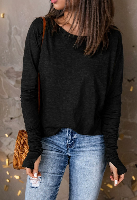 Spring & Fall New Arrival Black Simple Long Sleeve T-shirt Women's Thin Simple Fashion in Europe and America round Neck Pullover Bottoming Shirt Tops Women