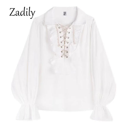 2024 Women's Pirate Shirt Vampire Prince Poet Shirts Medieval Buccaneer Frills Lace Up Renaissance Vintage Gothic Blouse Tops