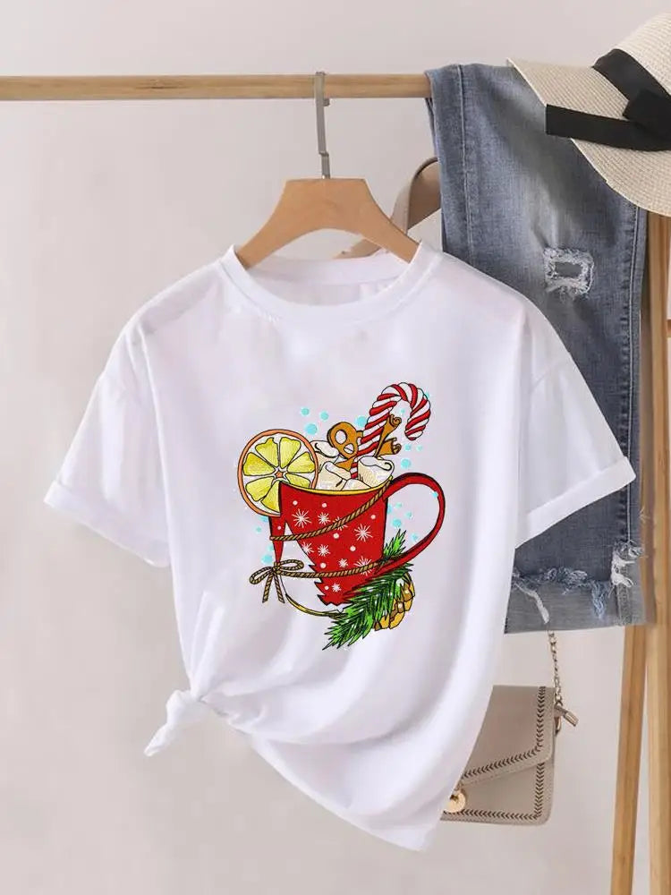 Lady New Year Short Sleeve Print Fashion Women Shirt Tee Top Paw Dog Cat Trend Cute Christmas Clothing Clothes Graphic T-shirt