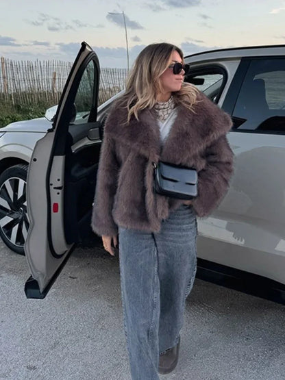 Brown Big Lapel Faux Fur Fury Women's Coats Fluffy Long Sleeved Thick Warm Fury Jackets 2024 Winter Lady Casual Street Outwear