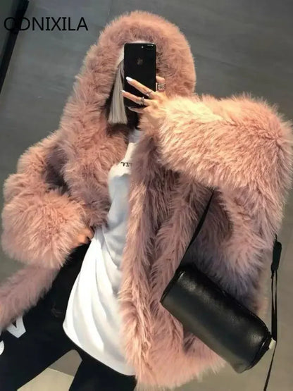 Women's Winter Jacket，Imitation Fox Fur Coat，new in Outerwears，Hooded Fur Jacket，faux Fur Coat Women，winter Coats Woman 2024