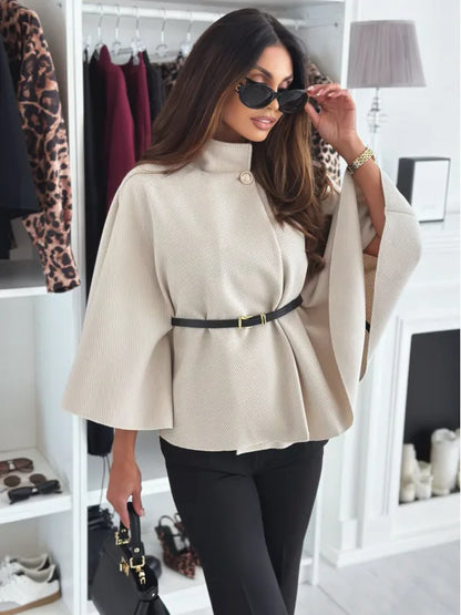 Autumn Winter Women Single Buckle Batwing Sleeve Coat Elegant Lady Cloak Cape Woollen Tweed Poncho Thick Warm Loose Outwear