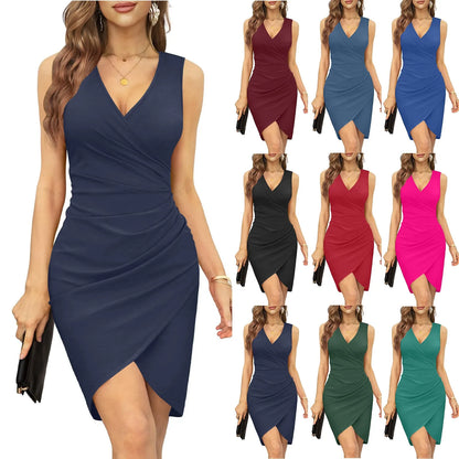 Summer Sexy Solid Sleeveless V-Neck Women Dress Hip Slim Fit Ruched Bodycon Skirt Fashion Simple Ladies Evening Party Dress