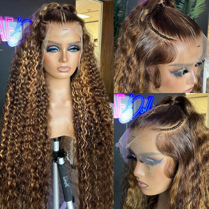 250 Density 30 Inch Highlight Honey Brown Curly HD Lace Front Human Hair Wigs 13x4 13x6 Ombre Color Deep Water Wave Frontal Wigs