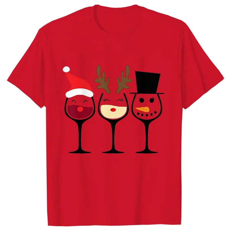 Christmas Wine T Shirts for Women Clothing Funny Cartoon T-shirts Kawaii Fashion Tshirt Korean Female Tops Christmas Wine Tees
