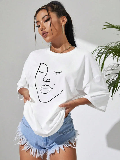 Simple Line Pattern Women's Face Printing tees Cotton Women T-Shirts Casual Soft Short Sleeve Tops Loose Comfortable Clothes