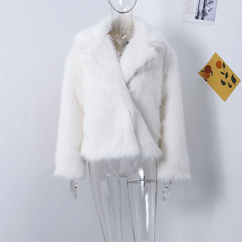 Street Women's White Faux Fur Coat Loose Lapel Long Sleeve Female Furry Jacket 2024 Autumn Winter Lady Luxury Plush Overcoat New