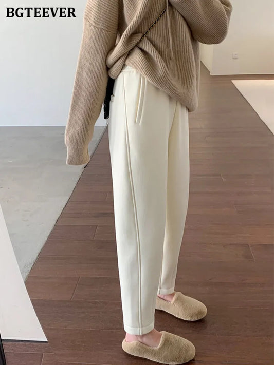 BGTEEVER Casual Thicken Velvet Harem Pants Women Elastic High Waist Pockets Female Trousers Winter Warm Women Pants