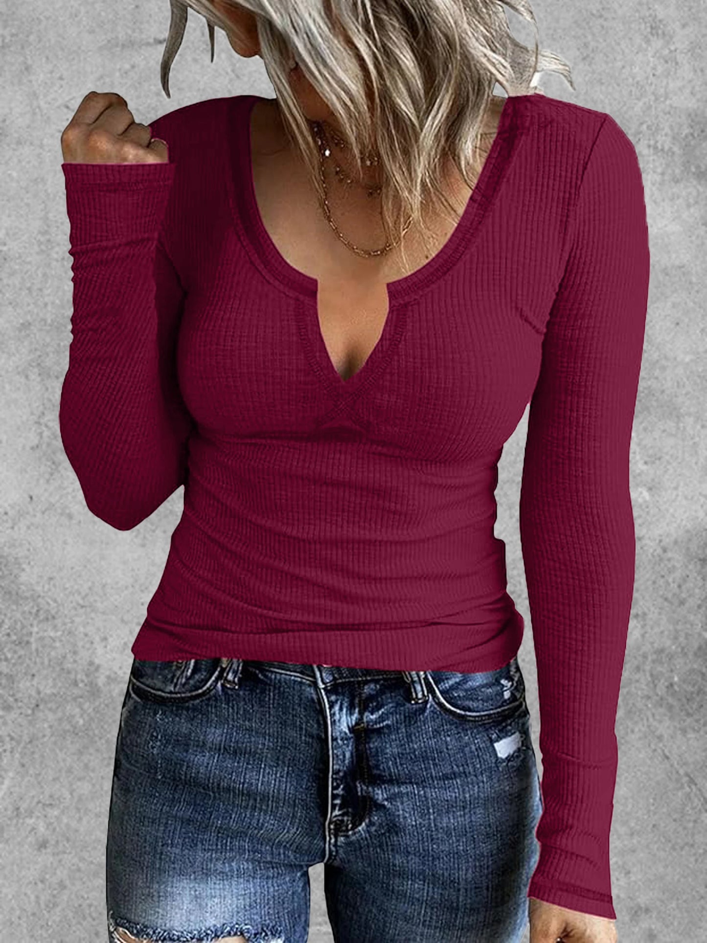 Ribbed Solid Notch Neck T-Shirt, Casual Long Sleeve Top For Spring & Fall, Women's Clothing