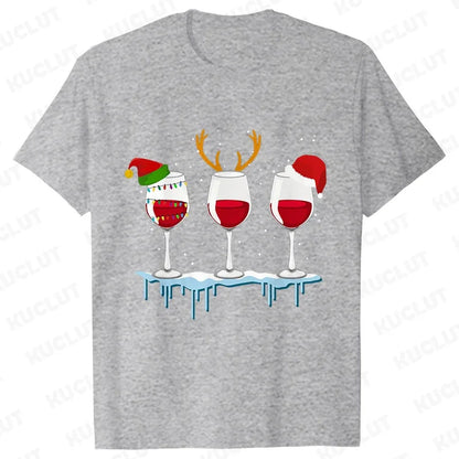 Christmas Wine T Shirts for Women Clothing Funny Cartoon T-shirts Kawaii Fashion Tshirt Korean Female Tops Christmas Wine Tees