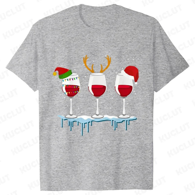Christmas Wine T Shirts for Women Clothing Funny Cartoon T-shirts Kawaii Fashion Tshirt Korean Female Tops Christmas Wine Tees