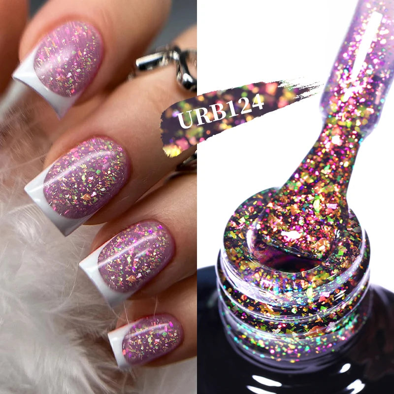 UR SUGAR 7ml Nude Pink Glitter Rubber Base Gel Polish Sparking Sequins Semi Permanent Soak Off Nail Art Varnish All For Manicure