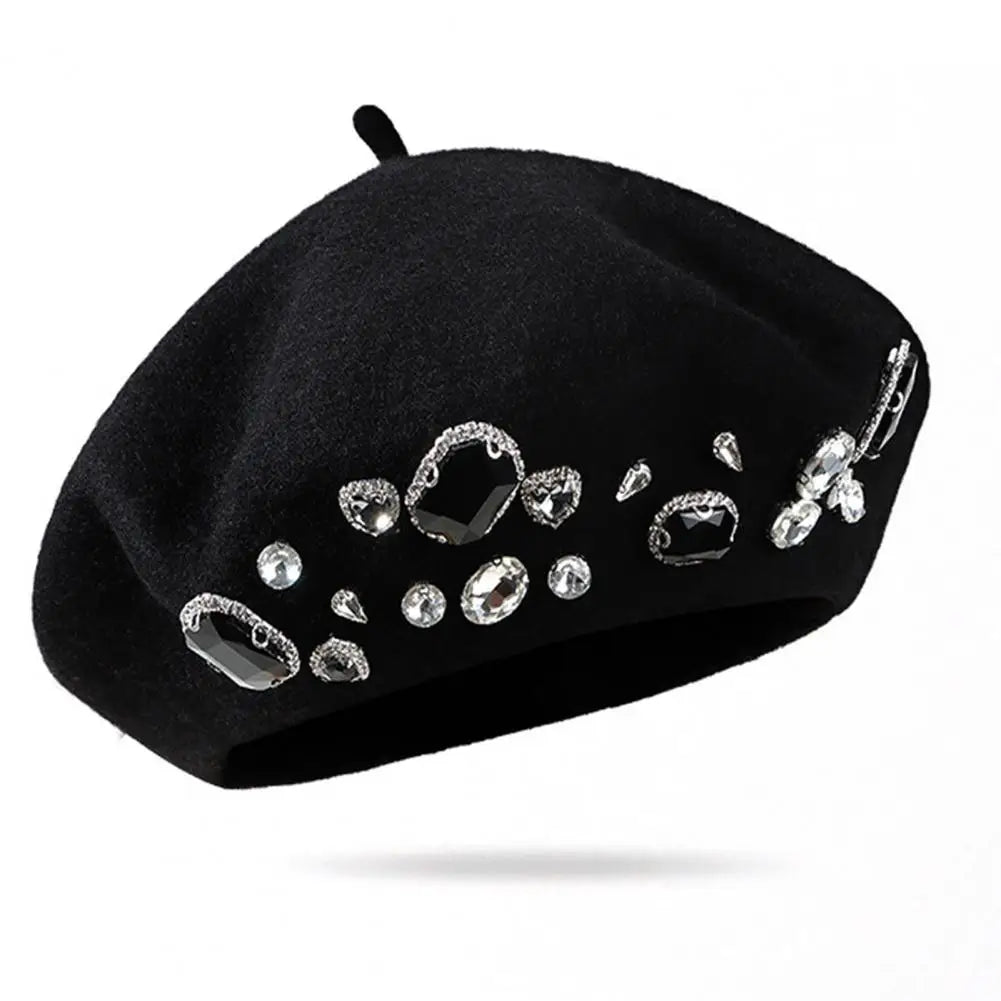 Dropshipping!! French Beret Thick Rhinestone Decor Brimless Thermal Decor Wool Artist French Style Painter Hat Women Headwear