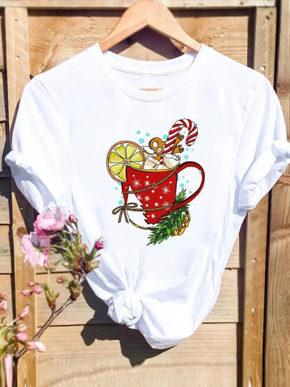 Merry Christmas New Year Holiday Graphic T Tee Fashion Cat Tree Lovely 90s Cute 2025 Print T Top Women Shirt Clothing T-shirts