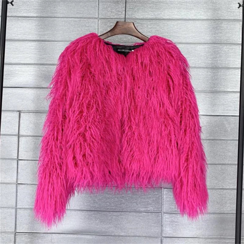New Autumn Winter Warm Women Faux Fur Coat Loose Black White Pink Plush Coat Female Fur Jacket