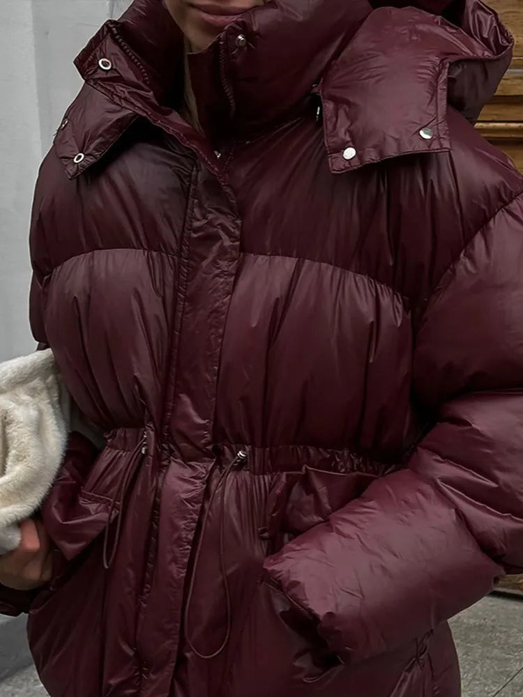2024 Winter Solid Drawstring Quilted Cotton Coat Fashion Stand Collar Hooded Warm Jacket Lady New Thicken Casual Streetwear