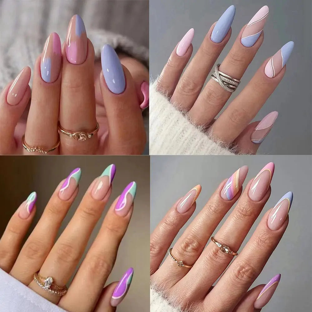 Simple French Wearable False Nails Almond Colorful Stripes Colorblock Design Manicure Fake Nails Line Full Cover Press On Nail