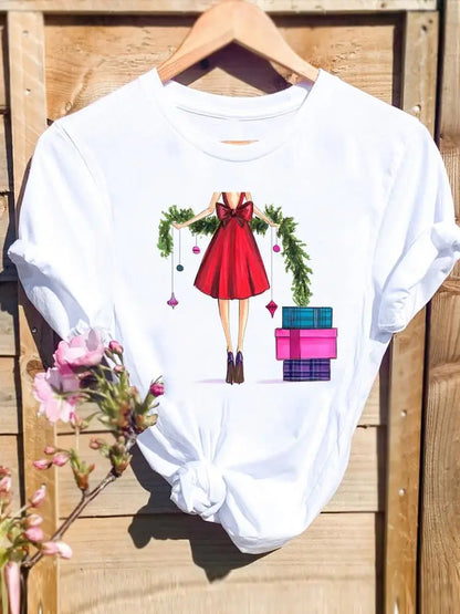 Merry Christmas New Year Holiday Graphic T Tee Fashion Cat Tree Lovely 90s Cute 2025 Print T Top Women Shirt Clothing T-shirts