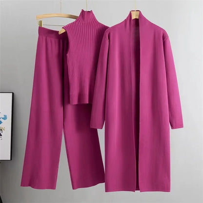 2024 New Autumn 3 Piece Women Cardigan Tracksuits Fashion Knitted Pant Set Winter Ladies Solid Sweater Suit Vintage Fashion