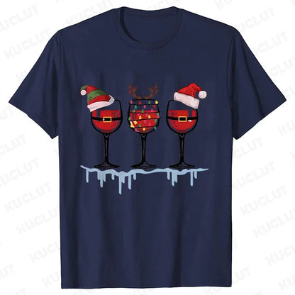 Christmas Wine T Shirts for Women Clothing Funny Cartoon T-shirts Kawaii Fashion Tshirt Korean Female Tops Christmas Wine Tees