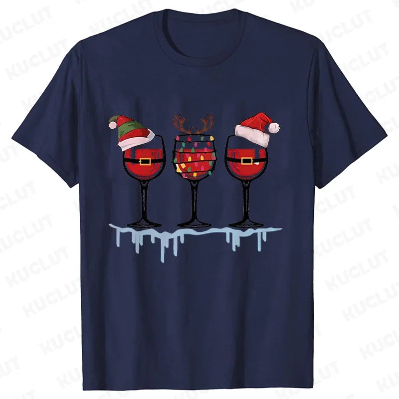 Christmas Wine T Shirts for Women Clothing Funny Cartoon T-shirts Kawaii Fashion Tshirt Korean Female Tops Christmas Wine Tees