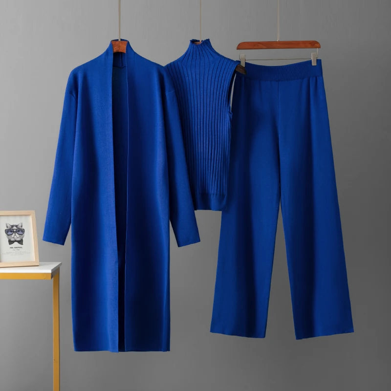 HLBCBG Autumn 3 Piece Women Cardigan Tracksuits Fashion Knitted Pants Sets Ladies Sweater Suit Vintage Fashion Ladies 3 Pieces