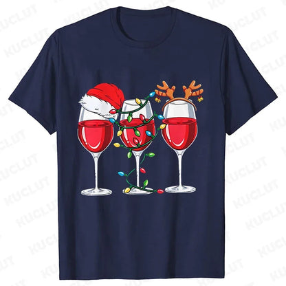 Christmas Wine T Shirts for Women Clothing Funny Cartoon T-shirts Kawaii Fashion Tshirt Korean Female Tops Christmas Wine Tees