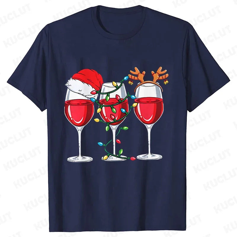 Christmas Wine T Shirts for Women Clothing Funny Cartoon T-shirts Kawaii Fashion Tshirt Korean Female Tops Christmas Wine Tees