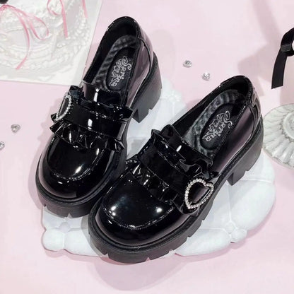[Olmee] In Stock Jirai Kei Loafer Shoes Rhinestone Heart Japanese Basic Black Leather Lolita Cute Mine Style Kawaii y2k Sweet