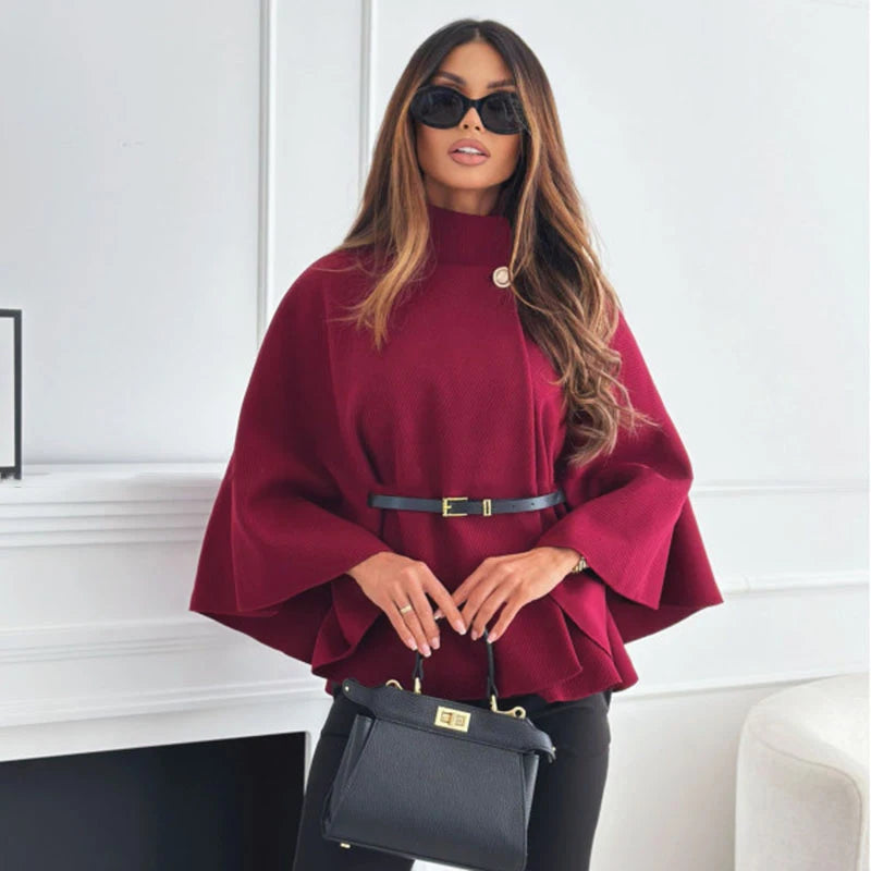 Lady Cloak Cape Woollen Tweed Poncho Thick Autumn Winter Women Single Buckle Batwing Sleeve Coat Elegant Warm Loose Outwear 2024