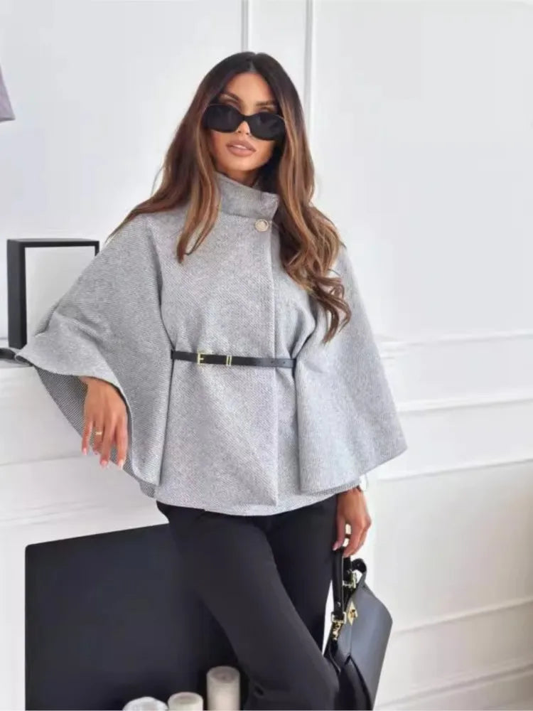 Fashion Woolen Cape Jacket Women Casual Solid Color Loose Batwing Long Sleeves Belt Coat Female Temperament Autumn Winter New