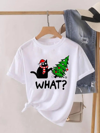 Lady New Year Short Sleeve Print Fashion Women Shirt Tee Top Paw Dog Cat Trend Cute Christmas Clothing Clothes Graphic T-shirt