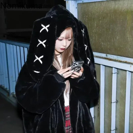 2025 Winter Clothing Women Jackets Harajuku Rabbit Ears Punk Black Coats Thicked Furry Zipper Oversized Y2k Tops Ropa Mujer