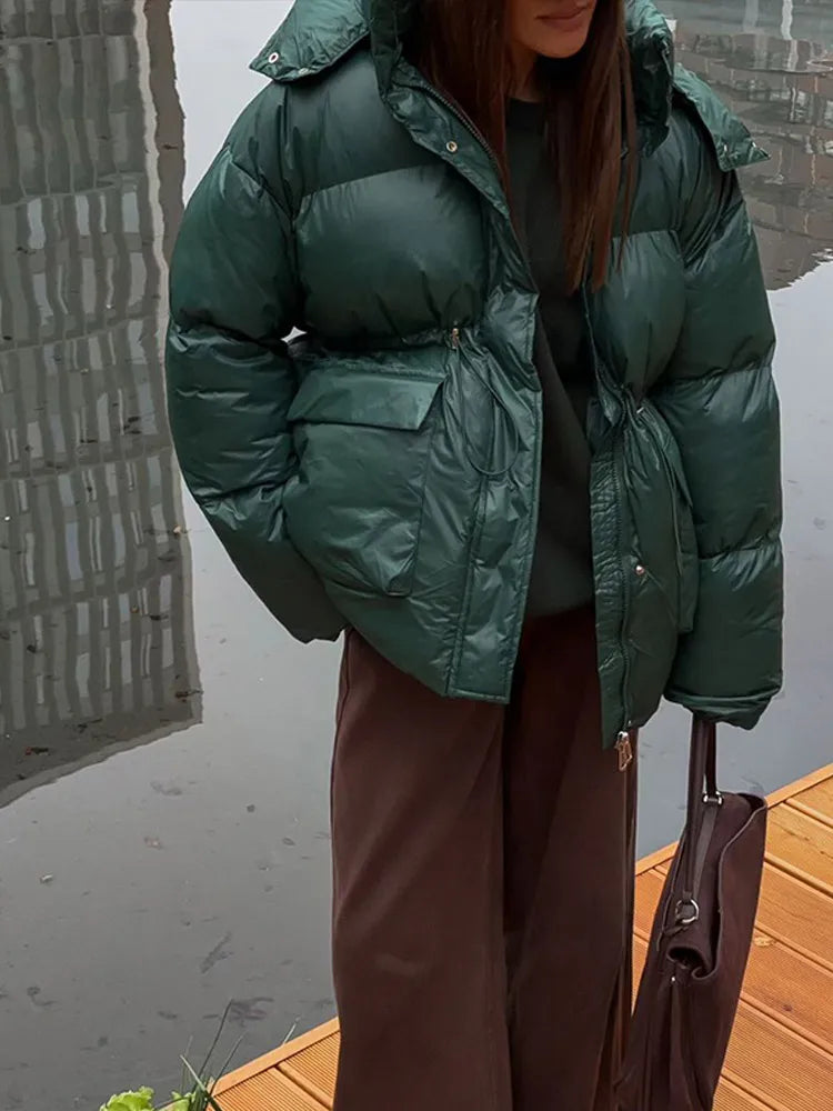 2024 Winter Solid Drawstring Quilted Cotton Coat Fashion Stand Collar Hooded Warm Jacket Lady New Thicken Casual Streetwear
