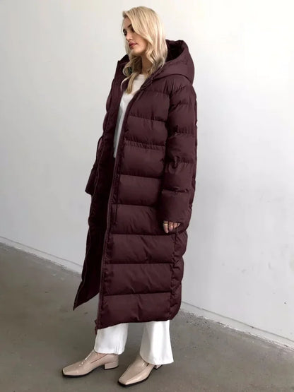 2024 Women Winter Solid Long Cotton Coats Fashion Hooded High Waist Drawstring Thick Warm Parkas Lady Casual Street Outcoat